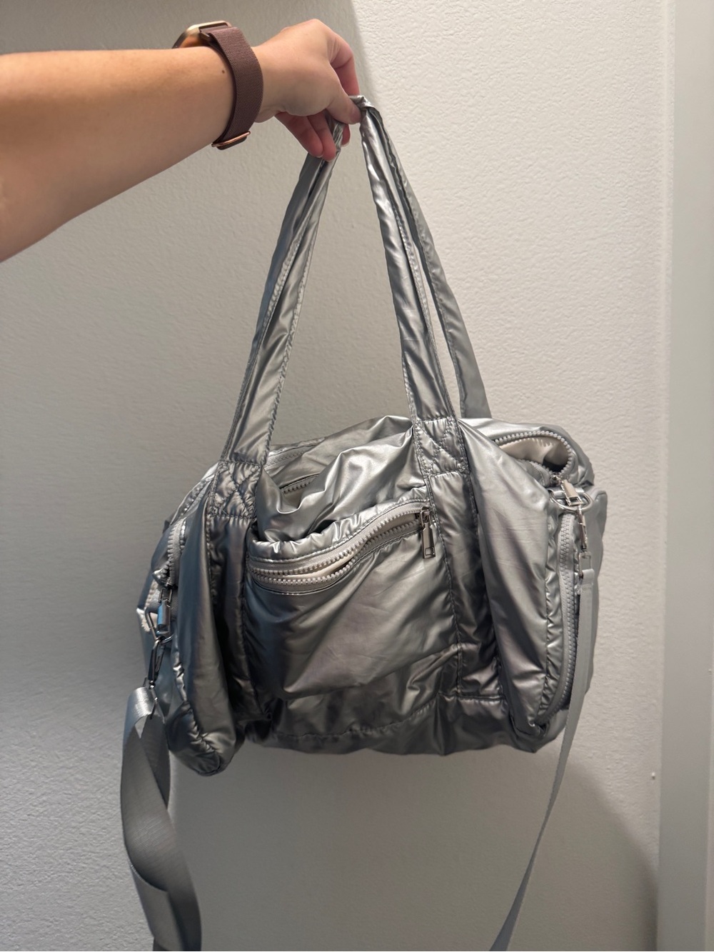 Silver Nylon Tote Bag - Lightweight Metallic Shoulder Bag